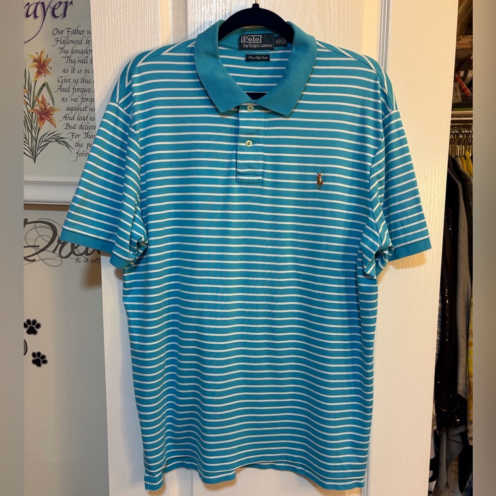 Ralph Lauren Blue and White Striped Polo Shirt (Excellent Condition-Like New)